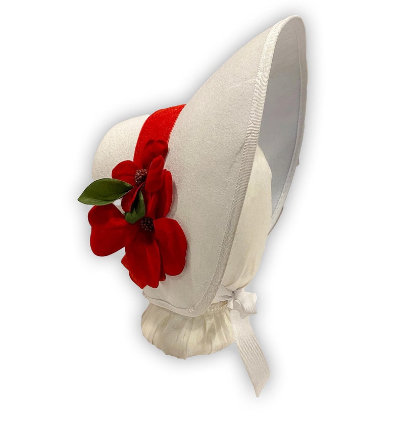 Victorian Hat History | Bonnets, Hats, Caps 1830-1890s     Austentation Trimmed Victorian White and Red Velvet Felt Caroler Style Bonnet  AT vintagedancer.com