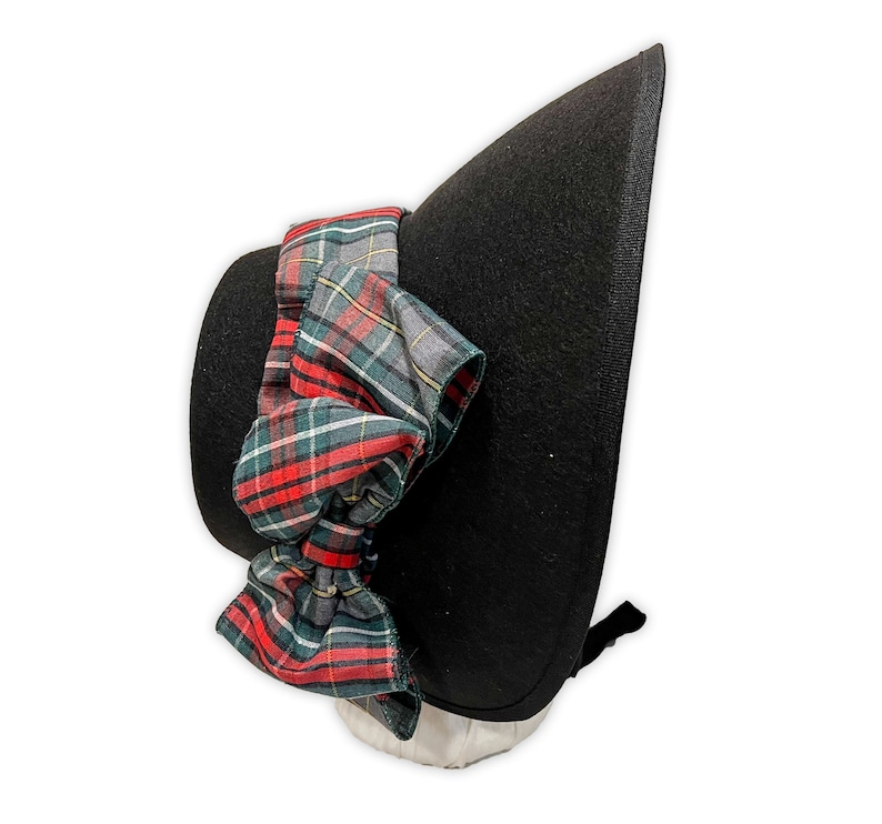 Victorian Hat History | Bonnets, Hats, Caps 1830-1890s     Choose Your Color Victorian Carolers Bonnet with Gray Red Green and Black Plaid Ribbon  AT vintagedancer.com