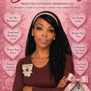 May include: Book cover for "MILSO Boundaries" by Mira C. Brady. The cover features a woman with long black hair, wearing a maroon top and a pearl necklace. The title is in large, cursive font. The book's theme is about protecting peace and prioritizing oneself.