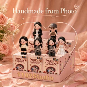 May include: Six small chibi-style figurines displayed on a tiered pink cardboard stand labelled 1102 Studio. The figures feature various outfits, including a white dress, a baseball cap, and casual tops. The packaging boxes feature the text 1102 Studio.