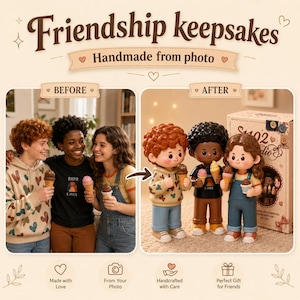 Op de afbeelding: Een voor-en-na vergelijking met drie personen die ijsjes vasthouden aan de linkerkant en drie bijbehorende aangepaste beeldjes aan de rechterkant. De tekst luidt Friendship keepsakes, Handmade from photo, BEFORE en AFTER.