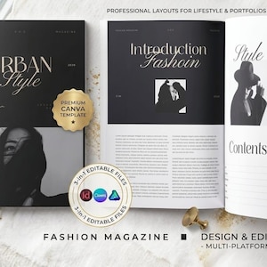 May include: A digital magazine template set featuring black and white layouts with the text Urban Style, Introduction Fashoin, and Contents. Includes gold circular badges labeled Premium Canva Template and 3-in-1 Editable Files with software icons.