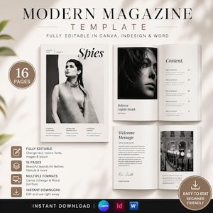 May include: A 16-page modern magazine template featuring a black and white cover with the title Spies and a portrait, alongside open interior pages displaying content layouts, a welcome message, and photography, fully editable in Canva, InDesign, and Word.