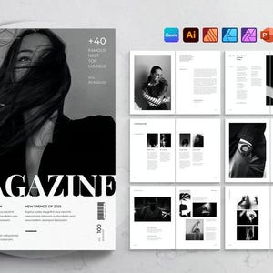 Può includere: Un modello di layout per riviste in bianco e nero con una copertina che mostra il ritratto di una persona con i capelli lunghi, una tipografia in grassetto e diverse pagine interne con fotografie e colonne di testo.