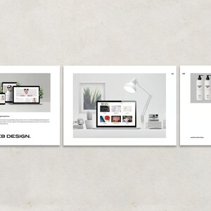 May include: A three-panel image showcasing web design concepts. The first panel features a tablet and smartphone displaying a website. The second panel shows a laptop with a website open, a desk lamp, and a camera. The third panel displays bottles and a wrapped gift.