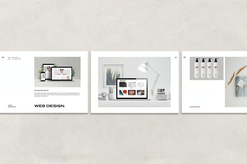 May include: A three-panel image showcasing web design concepts. The first panel features a tablet and smartphone displaying a website. The second panel shows a laptop with a website open, a desk lamp, and a camera. The third panel displays bottles and a wrapped gift.