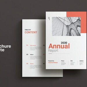 May include: A brochure template with a modern design. The cover features a bridge photo and the text "2030 Annual Report." The brochure is white with orange accents and includes the text "Annual Report A4 Brochure Template" and "20 Unique Pages."