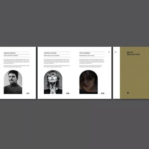 May include: A professional website design showcasing a team and their work. The design features black and white headshots of team members, along with text describing their experience and skills. The website's color palette includes black, white, and gold.