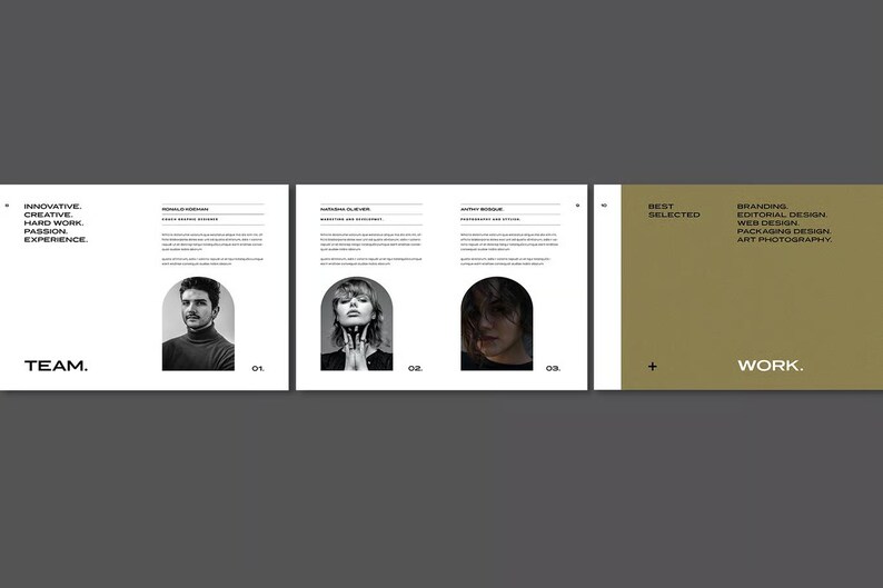 May include: A professional website design showcasing a team and their work. The design features black and white headshots of team members, along with text describing their experience and skills. The website's color palette includes black, white, and gold.