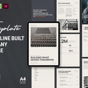 Könnte beinhalten: Eine 24-seitige A4-Unternehmensprofilvorlage mit dem Titel Northline Built. Das Design verwendet eine neutrale Farbpalette mit schwarzem Text und enthält Abschnitte wie Built on Purpose, Safety by Design und Building What Moves Tomorrow, dargestellt auf einem Tablet-Bildschirm und mehreren Dokumentenseiten.