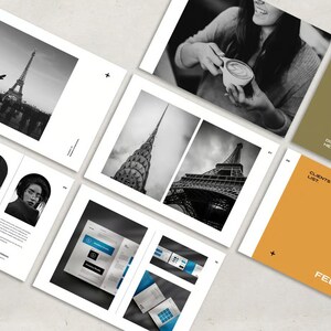 May include: A collection of design mockups and photographs, including images of the Eiffel Tower and the Chrysler Building in black and white. The layout includes a person holding a cup of coffee, portraits, and pages with text such as "A Short Summary" and "Feedback."
