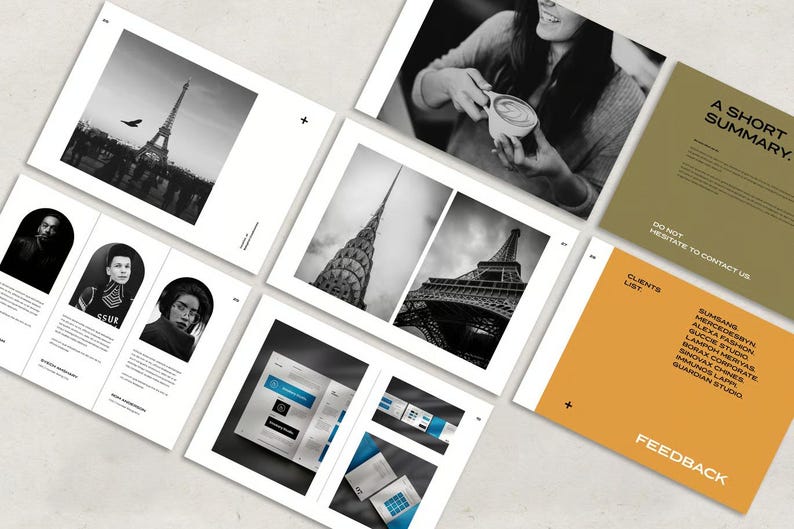 May include: A collection of design mockups and photographs, including images of the Eiffel Tower and the Chrysler Building in black and white. The layout includes a person holding a cup of coffee, portraits, and pages with text such as "A Short Summary" and "Feedback."