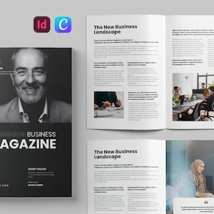 Könnte beinhalten: Schwarz-weiß Business-Magazin mit einem lächelnden Mann auf dem Cover. Der Titel lautet "BUSINESS MAGAZINE" mit "28+ TOP LEADERS". Im Inneren befinden sich Artikel und Fotos. Logos von Adobe InDesign und Adobe Creative Cloud.