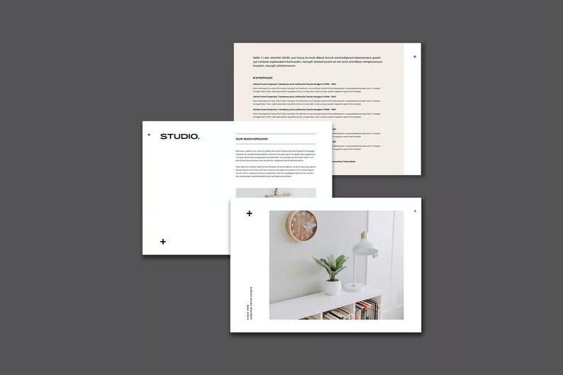 May include: A collection of documents and a photograph. The documents include text and the word "STUDIO." The photograph shows a white shelf with a plant, books, a lamp, and a clock. The background is a light gray.