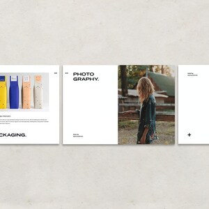May include: A graphic design layout featuring the word "PACKAGING" below an image of four colorful, cylindrical containers. The containers are yellow, blue, navy, and beige with a speckled pattern. The layout also includes the words "PHOTOGRAPHY" and a person taking a photo.