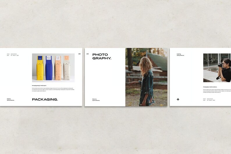 May include: A graphic design layout featuring the word "PACKAGING" below an image of four colorful, cylindrical containers. The containers are yellow, blue, navy, and beige with a speckled pattern. The layout also includes the words "PHOTOGRAPHY" and a person taking a photo.