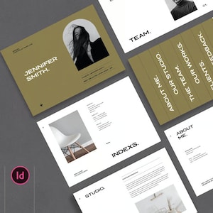 May include: A collection of design portfolio pages with a modern aesthetic. The pages feature a minimalist layout with text, images, and the name "JENNIFER SMITH." The design includes the Canva and Id logos, and sections labeled "ABOUT ME," "OUR STUDIO," and "TEAM."
