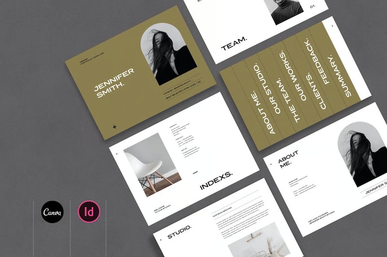 May include: A collection of design portfolio pages with a modern aesthetic. The pages feature a minimalist layout with text, images, and the name "JENNIFER SMITH." The design includes the Canva and Id logos, and sections labeled "ABOUT ME," "OUR STUDIO," and "TEAM."
