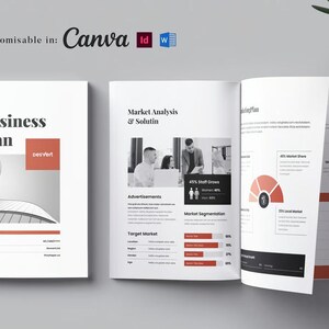 May include: A business plan template with a white cover and a modern design. The open pages display market analysis and segmentation data, with red and black accents. The text "Fully Customisable in: Canva" is at the top.