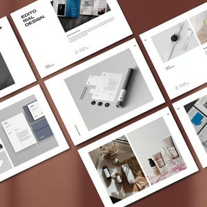 May include: A collection of design and branding mockups, including stationery, packaging, and product displays. The layouts feature a minimalist aesthetic with a neutral color palette, showcasing various design elements and product presentations.