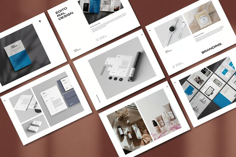 May include: A collection of design and branding mockups, including stationery, packaging, and product displays. The layouts feature a minimalist aesthetic with a neutral color palette, showcasing various design elements and product presentations.