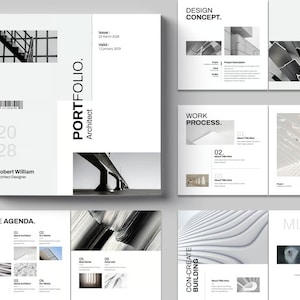 May include: A square architect portfolio template featuring black and white architectural photography, clean typography, and structured layouts. The cover displays the text PORTFOLIO Architect, Robert William, and 2028, with interior pages showing sections for Design Concept, Work Process, and The Agenda.