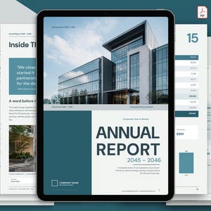 Peut inclure: Une tablette numérique affichant un modèle de rapport annuel au format A4 de 24 pages. La couverture présente un immeuble de bureaux moderne en verre, le texte ANNUAL REPORT 2045-2046 et des tons sarcelle. Icônes PDF, Canva et InDesign visibles.