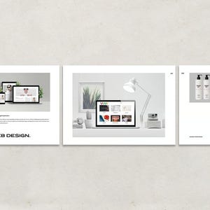 May include: A three-panel image showcasing web design concepts. The first panel features a tablet and smartphone displaying a website. The second panel shows a laptop with a website open, a desk lamp, and a camera. The third panel displays bottles and a wrapped gift.