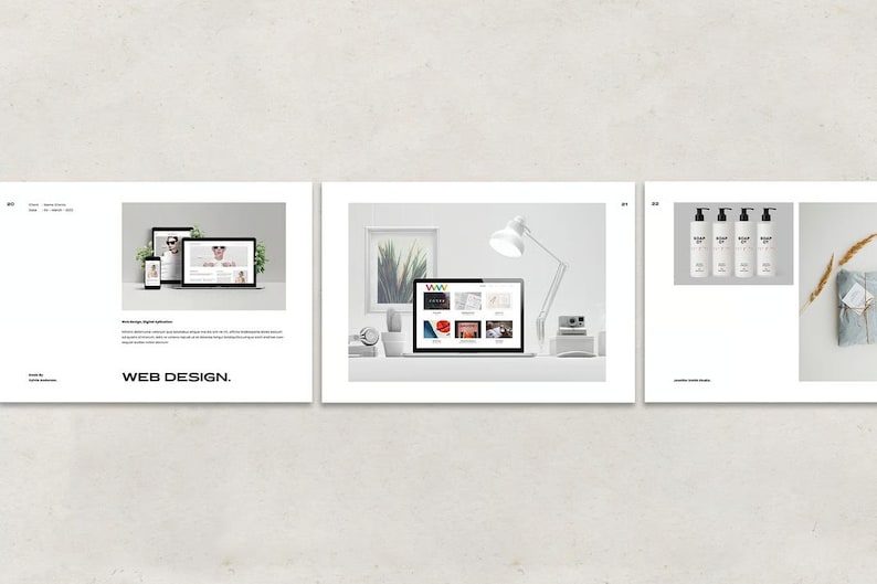 May include: A three-panel image showcasing web design concepts. The first panel features a tablet and smartphone displaying a website. The second panel shows a laptop with a website open, a desk lamp, and a camera. The third panel displays bottles and a wrapped gift.