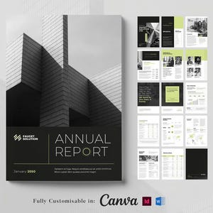 May include: A black and white annual report cover with a modern architectural design. The title "Annual Report" is displayed prominently, along with the company logo and the date "January 2050". Additional pages with charts and photos are also visible.