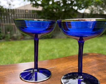 Pair of Vintage Cobalt Blue Coupe Glasses with Platinum trim