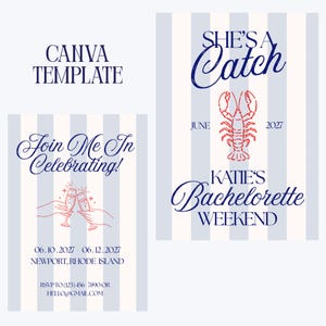 Può includere: Un modello Canva per un weekend di addio al nubilato. Il design presenta il testo "She's a Catch" e "Katie's Bachelorette Weekend". Il design include un'illustrazione di aragosta rossa e le date di giugno 2027. Il design include anche il testo "Join Me In Celebrating!"