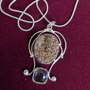 Rainbow Flame Aura Mystic Aurora Quartz Pendant with Amethyst Silver Chain OF73
