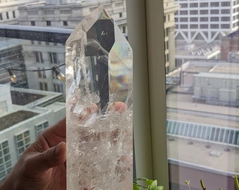 Extra Large Generator Clear Quartz Polished Point Tower Obelisk Red Golden Inclusions Rainbows WHOC777