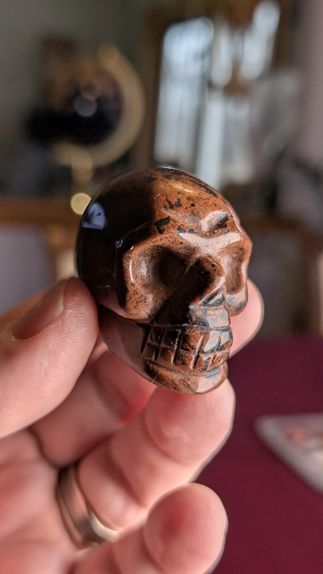 Mahogany Obsidian Maroon Crystal Stone Carved Skull Carving OF342