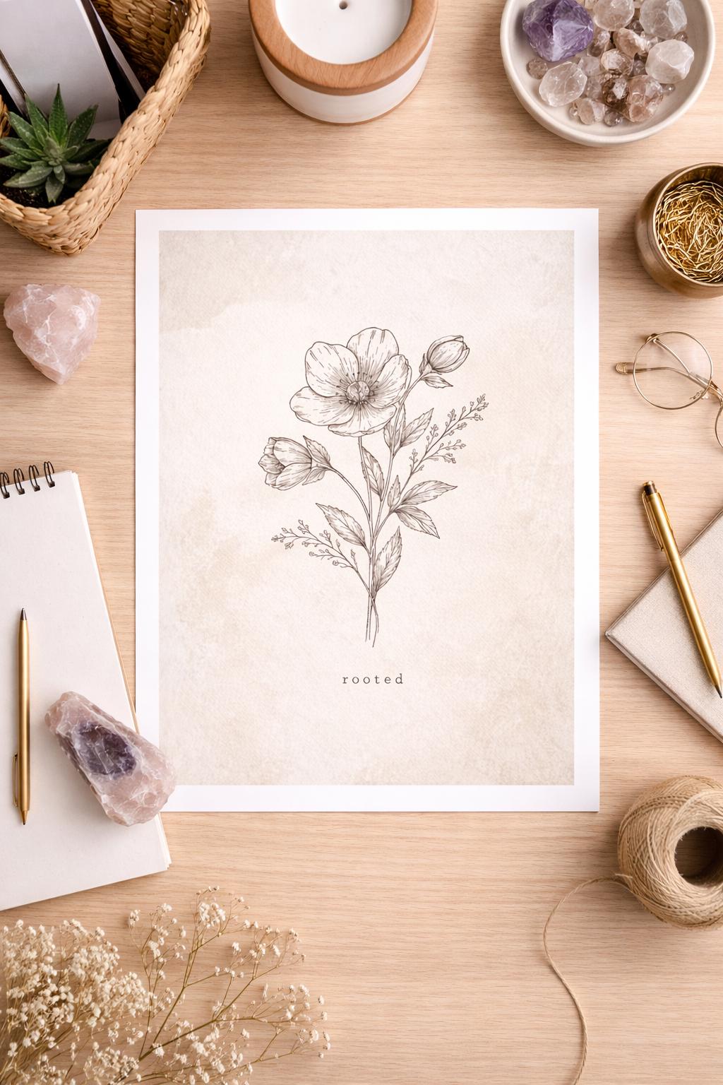 Rooted Minimal Botanical Line Art Print Neutral Floral Wall Grounded ...