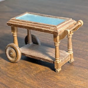 Vintage Miniature Dollhouse Antique Wooden Tea Trolly Serving Cart Beverage Drink