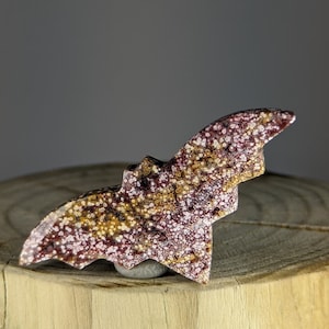 Stunning Ocean Orbicular Jasper Stone Carved Crystal Bat Cabochon Drusy Joy Happiness Communication Pink Yellow WHO22t85