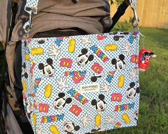 Large Park Bag, Vintage Mickey Print, Stroller Straps, Adjustable Strap, Upcycled Vintage
