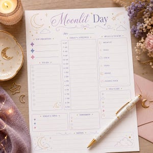 May include: A daily planner sheet titled Moonlit Day with celestial graphics including moons, stars, and clouds. The layout features sections for top priorities, a schedule from 6 AM to 9 PM, meals, snacks, self-care, to-do lists, and notes.