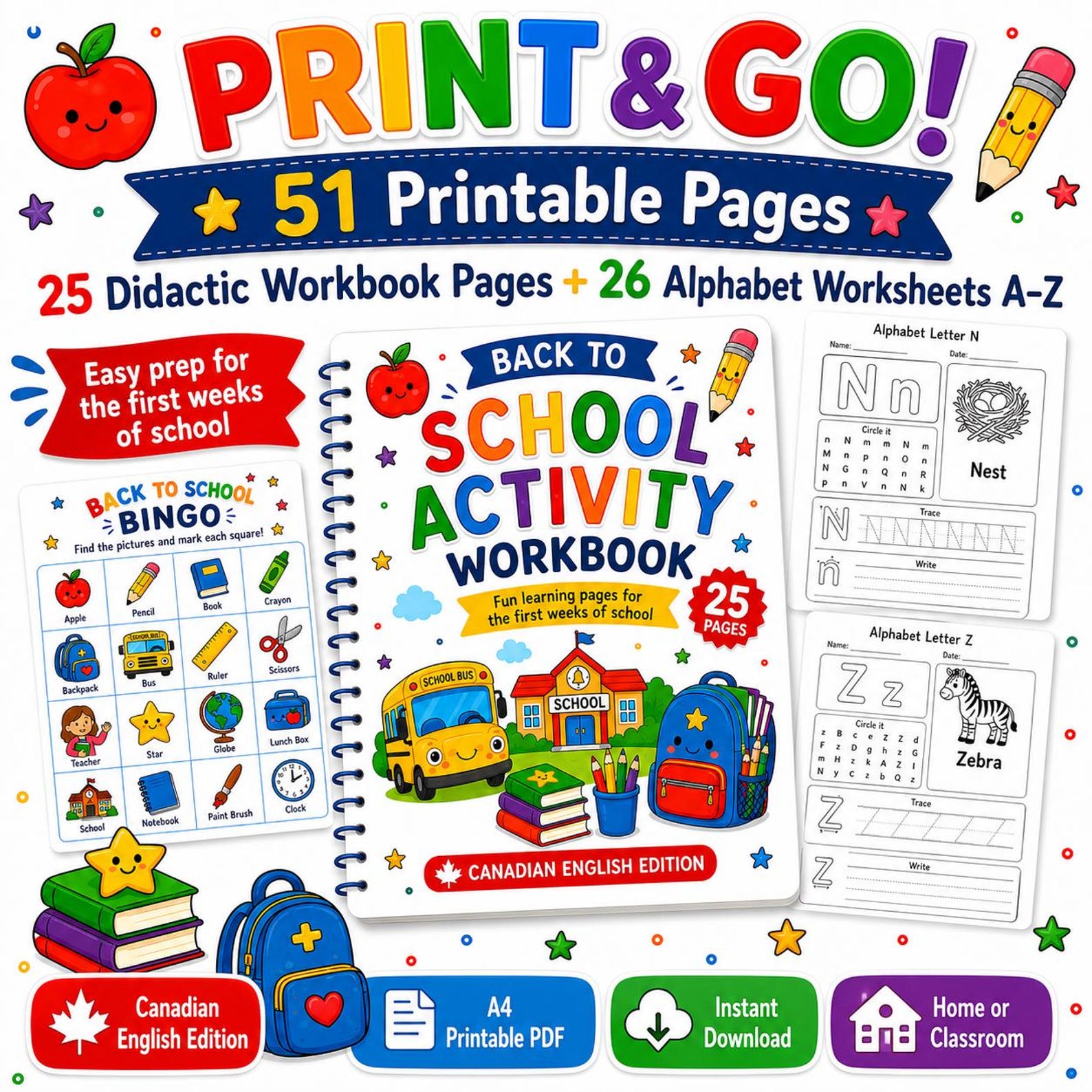 Back to School Activity Workbook, 51 Pages, Alphabet Tracing ...