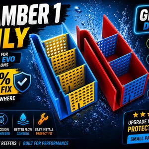 Puede incluir: Insertos de filtro de acuario azules y rojos con componentes internos amarillos y azules. El texto dice "CHAMBER 1 ONLY" y "GEN 2 DESIGN". El producto está diseñado para Fluval Evo 51 litros y es seguro para arrecifes.