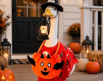Halloween Porch Goose Outfit, Witch Goose Costume with Pumpkin Lantern, 23 Inch Goose Decor, Fall Front Door Decoration, Spooky Outdoor Gift