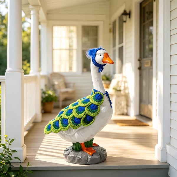 Handmade Peacock Goose Outfit for 23 Inch Porch Goose, Crochet Goose Costume, Farmhouse Porch Decor, Unique Garden Decoration Gift