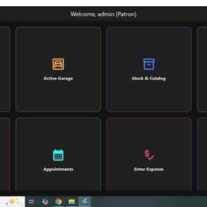 May include: A dark-themed software interface with square icons. The interface includes options for vehicle entry, active garage, stock, customer history, current accounts, appointments, expense entry, and staff management. The top displays "Welcome, admin (Patron)".
