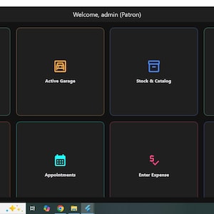 May include: A dark-themed software dashboard interface featuring eight rectangular menu tiles with colourful icons and labels including New Vehicle Entry, Active Garage, Stock & Catalog, Customer History, Current Accounts, Appointments, Enter Expense, and Staff.