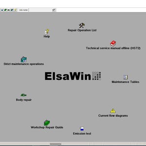 Könnte beinhalten: Die ElsaWin-Softwareoberfläche zeigt einen grauen Hintergrund mit einem zentralen Logo und verschiedenen Symbolen, die in einem kreisförmigen Muster angeordnet sind. Die Symbole umfassen Help, Repair Operation List, Technical service manual offline, Maintenance Tables, Current flow diagrams, Emission test, Workshop Repair Guide, Body repair und Strict maintenance operations.