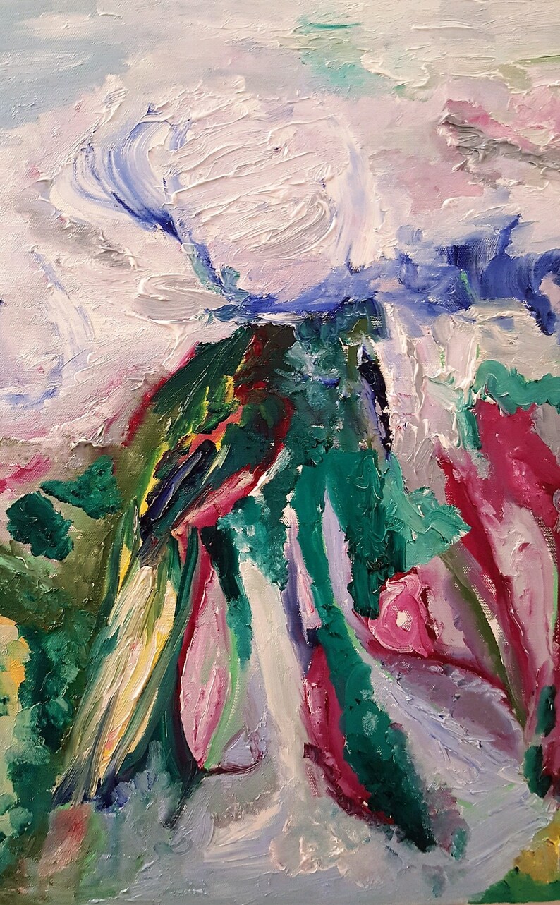 K&ouml;nnte beinhalten: Abstraktes Gem&auml;lde mit leuchtenden Farben, darunter Gr&uuml;n, Pink, Gelb und Blau. Das Gem&auml;lde zeichnet sich durch dicke Pinselstriche und eine strukturierte Oberfl&auml;che aus.