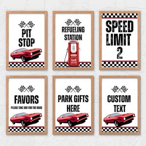 May include: Six framed prints with a racing theme. Each print features a red muscle car, checkered flags, and text such as "Pit Stop," "Refueling Station," and "Speed Limit 2." The frames have a wooden appearance.