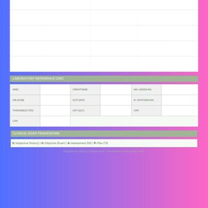 May include: A digital medical log with a pink and purple gradient background. The log includes sections for patient rounds, laboratory reference grids, and a clinical SOAP framework. Text includes "Clinical Rotation Log" and medical terms.